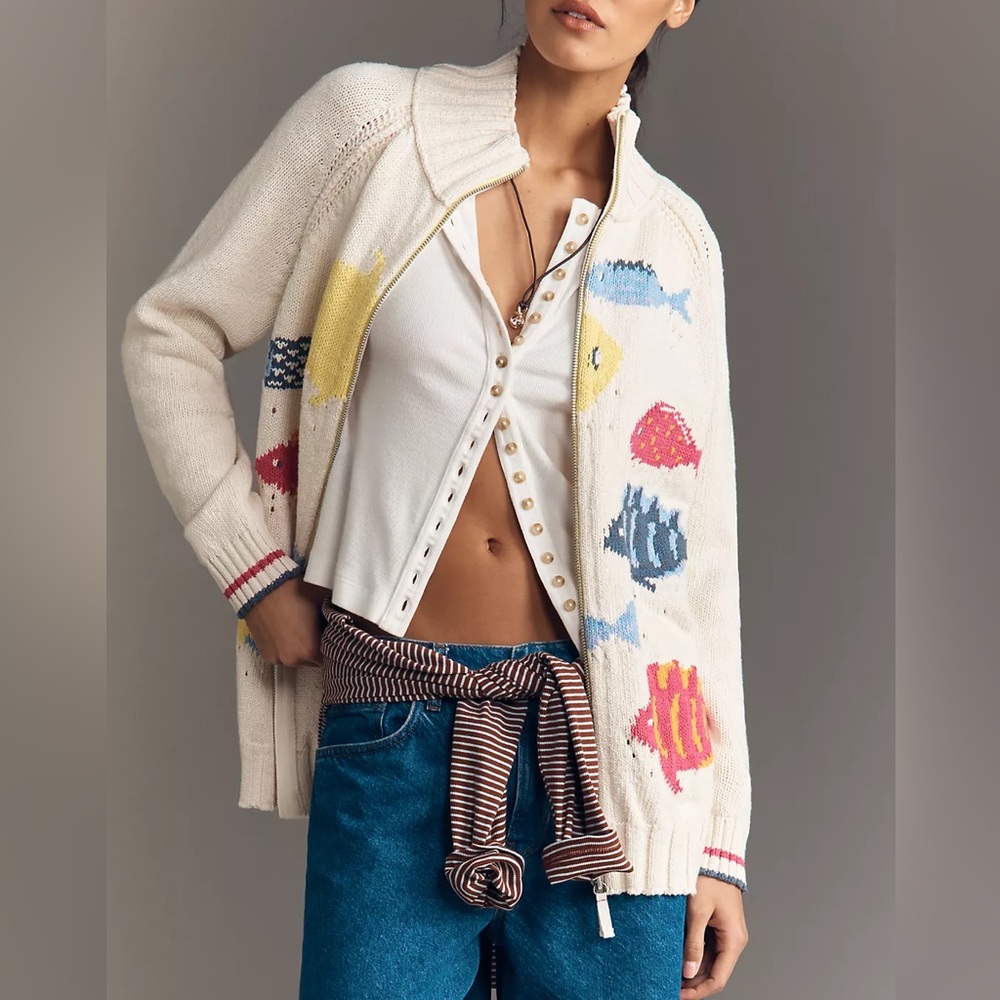 NWT Anthropologie Pilcro Fish Icon Zip-Up Sweater